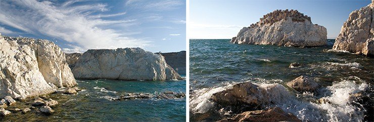 Слева: Хяргас-Нур – соленое озеро с площадью акватории 1365 км² и глубиной до 80 м – во время шторма превращается в настоящее море. Справа: Гнездовья бакланов на неприступном острове. Чем не птичий замок…