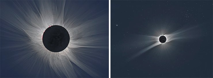 Слева: солнечная корона во время затмения 2015 г. © M. Druckmüller et al., 2015