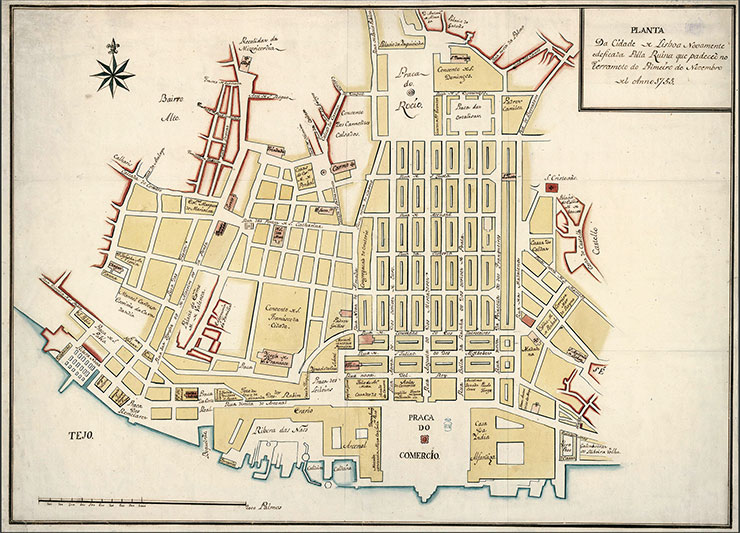 План Лиссабона, который был восстановлен из руин, оставшихся после землетрясения 1755 г., 1786 г. Public Domain/Biblioteca Digital Hispanica