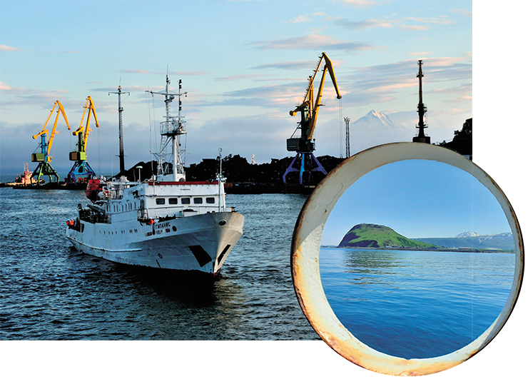 The Gipanis, shuttling between the town of Petropavlovsk-Kamchatsky and the island of Paramushir, is the primary connecting link between the island and Mainland. Left – A view of Severo-Kurilsk from the boat’s porthole – the only settlement of Paramushir in the early 21st century