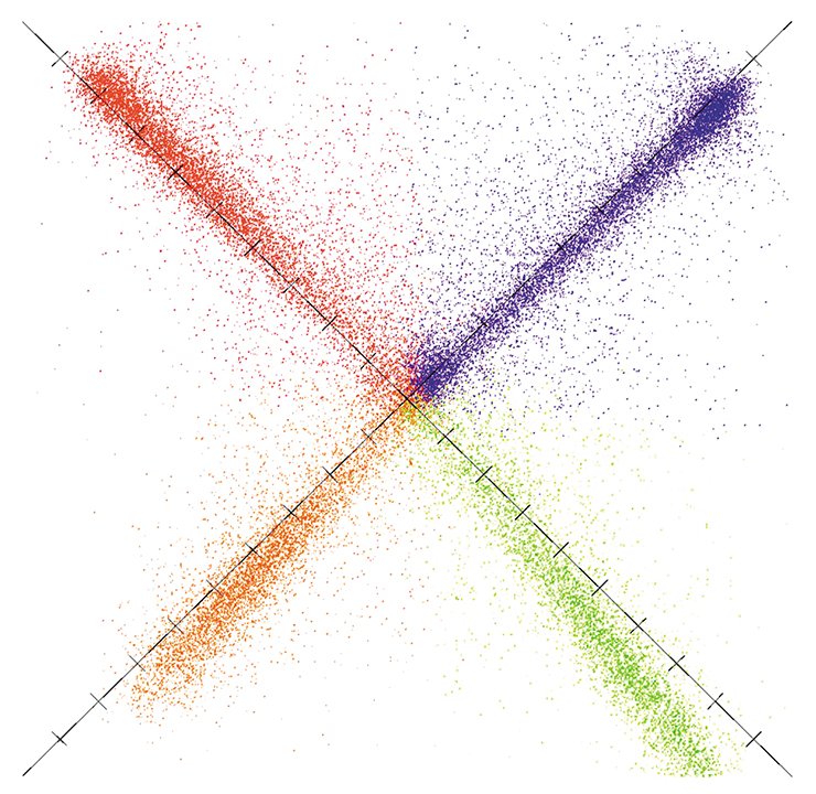 An example of simultaneous identification of another nucleotide in millions of DNA sequences with the help of SOLiD massively parallel sequencing. Each dot is one nucleotide; its color denotes one of the four basic nucleotide types (A, G, T, or C)