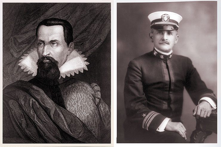 Left: German scientist, astronomer, optician, mathematician and mechanic Johannes Kepler, who discovered the laws of motion of the Solar System planets. Line engraving by N. Dietz. © CC BY 4.0/ Wellcome Collection gallery. Right: American physicist Albert Michelson (1907 Nobel Prize in Physics). Photo of 1918. Public Domain
