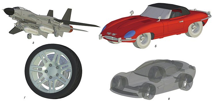 Сложные трехмерные САПР-модели: а – модель сверхзвукового истребителя F-14, разработка которого велась в США с 1960-х гг.; б – модель спортивного автомобиля Jaguar E-Type, производимого с 1961 по 1974 г.; в – модель Chevrolet Corvette C7 (полупрозрачный вид, при котором удобно просматривать внутренние части автомобиля); г – модель колеса с покрышкой. Если говорить о реальной производственной модели автомобиля, то она представляет собой сборку из огромного количества деталей. Даже обыкновенное колесо является	очень сложным механизмом
