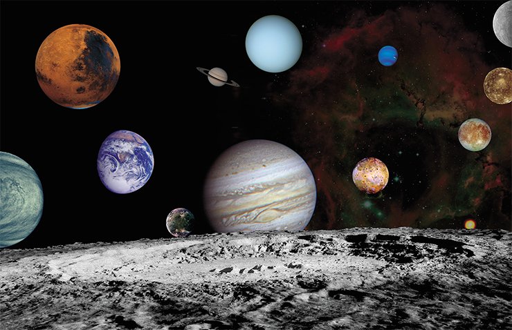 An assemblage of images showing the planets of the Solar System and the four satellites of Jupiter; the images were made by the US Voyager spacecraft. Credit: NASA