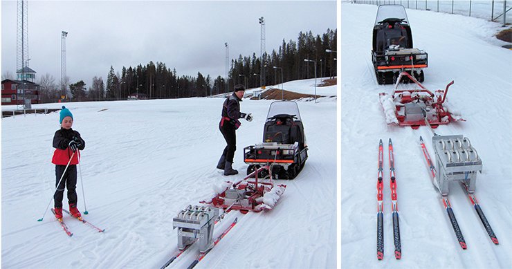 Специальная установка для измерений сопротивления лыж при скольжении под различной нагрузкой выполнена на базе снегохода. Измерения проводятся на ровном участке профилированной лыжни, что повышает воспроизводимость и точность измерений
