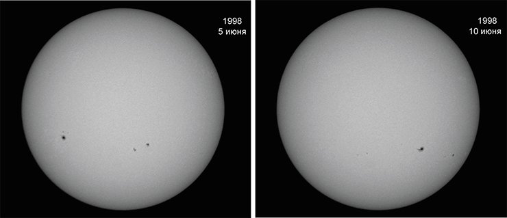 Прошло всего пять дней – и тёмные пятна на диске Солнца заметно сдвинулись. 5 и 10 июня 1998 г. Credit: Big Bear Solar Observatory