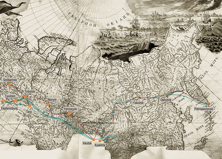 Fragment of the General Map of the Russian Empire of 1745, which shows G. W. Steller’s route during his travels in Siberia. On the way back to St. Petersburg, Steller had to return from Tobolsk back to Irkutsk because of a denunciation, and then again return by the same route to St. Petersburg. But this time he got only as far as Tyumen, where he passed away