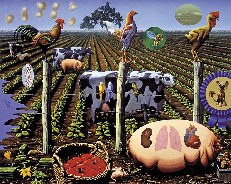 На картине «Ферма», созданной в 2000 г., американский художник Алексис Рокман отразил свои представления о будущем сельского хозяйства, основанном на продуктах генной инженерии.Courtesy Alexis Rockman. The Farm 2000, 96×120″. Oil and Acrylic on Wood Collection JGS Inc, New York