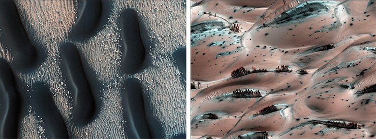 Дюны из чёрного марсианского песка (слева). Минеральные образования на Марсе, напоминающие живые растения (NASA)