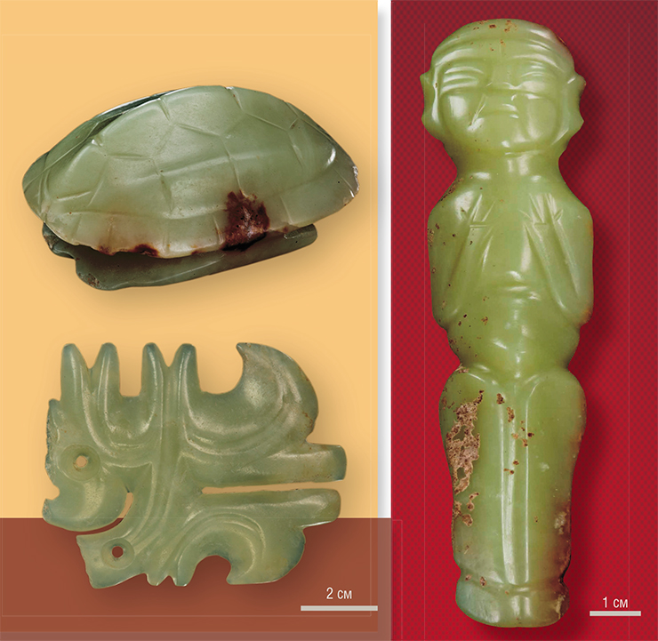 Нефритовые фигурки. Культура Хуншань, около 5500 л. н. По мнению китайских исследователей, поза нефритового «шамана» (справа) говорит о его работе с внутренней энергией (ци)