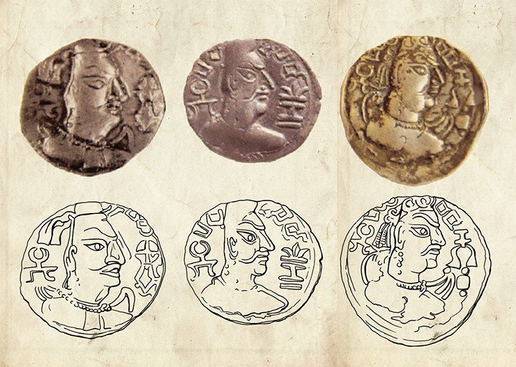 Монеты эфталитов (гуннов-алхонов правителя Мехама, 461–493 гг. н. э.) и их прорисовки. Рис. Е. Шумаковой
