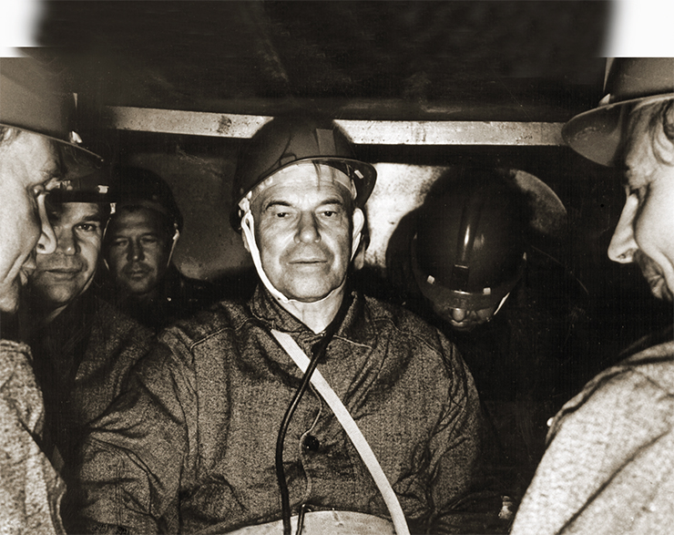 Descent into the shaft of the Oktyabrsky mine. Norilsk area, 1970s