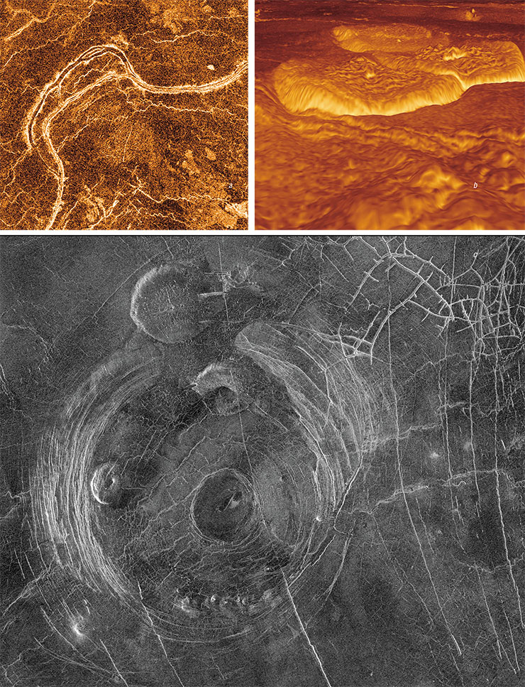 Various magmatic structures on the surface of Venus: (a) winding lava channels with a width of 1–2 km and length of tens to hundreds of kilometers; (b) a lava field in the Alpha Regio region; (c) a corona-type volcano, i. e., a large uplift surrounded by a trough. Credit: NASA/JPL