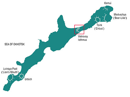 Iturup Island is the largest one of the Greater Kuril Chain. It is a place with the greatest number of caldera volcanoes. The map of the island shows the largest caldera volcanoes and the volcanoes that formed in the recent geological past