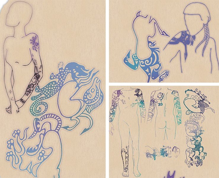 Слева: женские татуировки. Курган 1 могильника Ак-Алаха-3. Прорисовка Е. Шумаковой. Правый верх: татуировка на плече мужчины. Курган 3 могильника Верх Кальджин-2. Татуировка мужчины. Второй Пазырыкский курган