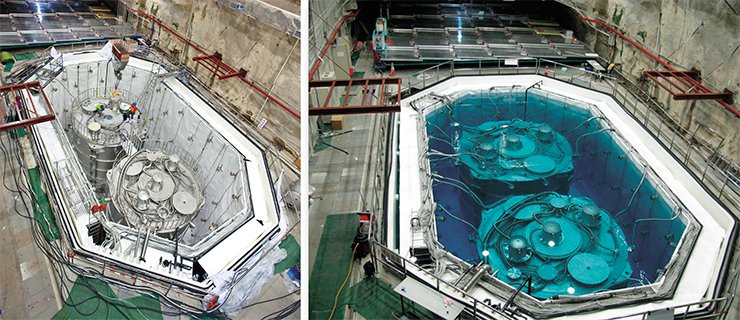 Two detectors of antineutrinos in the first room of Daya Bay. Later on, the chamber where the detectors are located will be filled with superpure water. Courtesy of Roy Kaltschmidt, Lawrence Berkeley National Laboratory