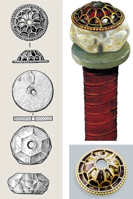Все составные части навершия – нефритовый диск, хрустальная «шайба» и золотое навершие – нанизывались на бронзовый гвоздь
