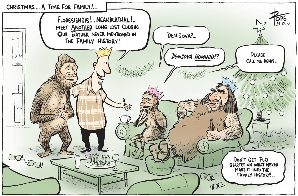 A modern human introduces a Denisovan to a Neanderthal and a Floresian. David Pope/The Canberra Times, Australia. From the archive of Academician Anatoly P. Derevyanko (IAET SB RAS, Novosibirsk)