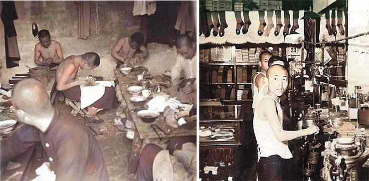 Чулочно-носочная и башмачная (слева) лавки-мастерские на рынке Дунъань. 1938 г. 