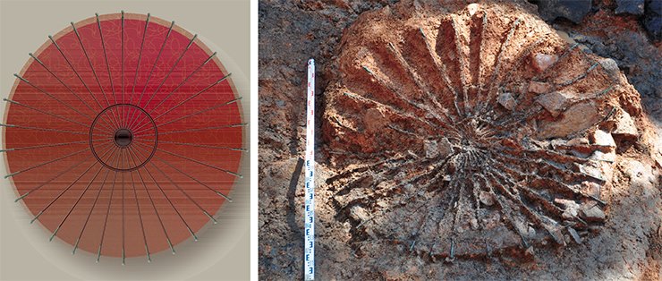 Top: the reconstruction of the umbrella made of red silk, strung over 30 lacquered wooden spokes. Bottom: cast metal chariot umbrella spokes. Reconstructed by V. Kovtorov