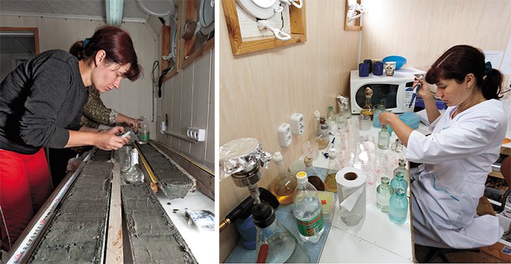 This is not just mud but cores of Baikal sediment from which the probes for chemical and microbiological tests are taken, bearing in mind the deposits’ occurrence depth (on the left). On board the scientific research ship Vereshchagin there is a mini-laboratory, where a series of express-tests can be conducted right after a fresh set of samples has been taken (at the right). Photo V. Korotkoruchko (Irkutsk)