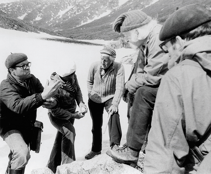 Nikolai Dobretsov and Galina Savelieva explain the internal architecture of the ultramafic section within ophiolites of the Voikar–Synya Massif (Polar Urals) to participants of an international field trip. August 1978