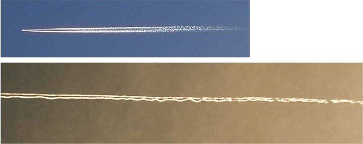 Следы от самолетов, летящих на большой высоте. След на нижнем снимке имеет вихревую структуру. Фото автора