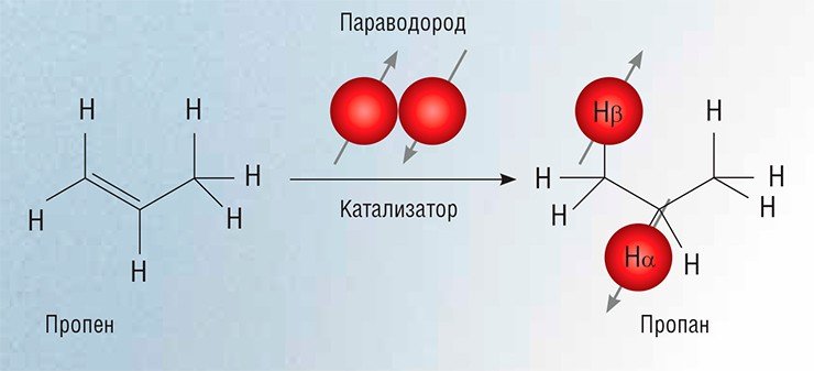 Контрастные газовые агенты для МРТ можно получить методом ИППЯ (индуцируемой параводородом поляризации ядер) в результате каталитического гидрирования параводородом доступных и дешевых непредельных углеводородов, таких как пропен (слева). При этом происходит перенос поляризации с протонов на атомы углерода