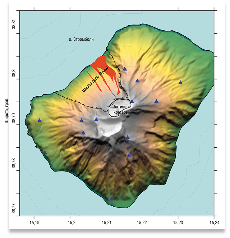 На карте о. Стромболи указаны сейсмические станции (синие треугольники) и лавовые потоки извержения 2007 г. (красным цветом) 