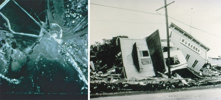 Слева: в 1952 г. на Гавайские о-ва обрушилось цунами, вызванное землетрясением вблизи п-ова Камчатка. К счастью, оно обошлось без человеческих жертв. На фото – четвертая волна цунами, накатывающая на о. Оаху. Фото Д. Кертиса. Справа: цунами, вызванное в 1960 г. землетрясением у побережья Чили, унесло жизни тысячи человек