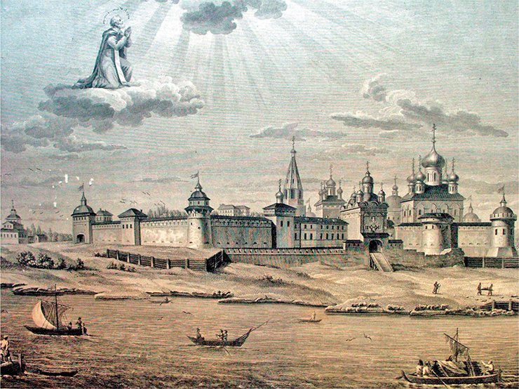 A view of the Makarievsky Zheltovodsky Monastery. Engraving by A. Ukhtomsky, drawing by M.Vorobiev. 1816. Nizhny Novgorod State Open-Air Museum of History and Architecture