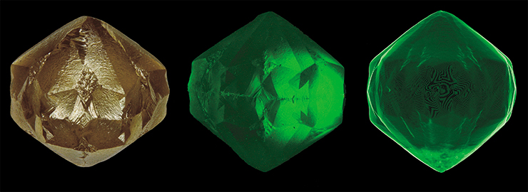 На фото слева направо: алмаз «Китайский фонарик» в видимом, ультрафиолетовом свете, а также на рентгеновском томографе (срез)