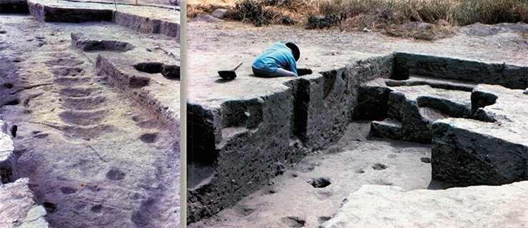 На памятнике Риал-Альто были раскопаны остатки не только жилищных конструкций (слева), но и ритуального сооружения с насыпными платформами и ступенями (справа). Фото из архива Х. Маркоса