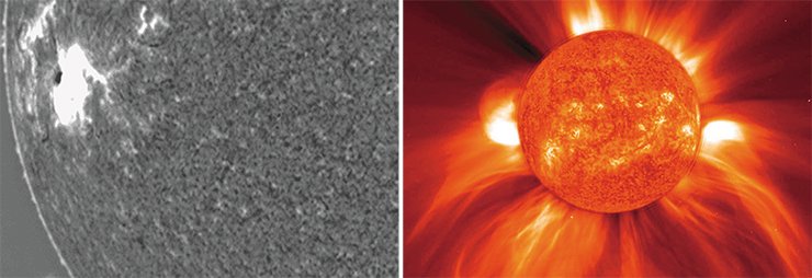 Корональный выброс массы Солнцем. 8 января 2002 г. Область короны сфотографирована внезатменным коронографом, затем на снимок наложено изображение диска Солнца в линии He II (30,4 нм). Фото: SOHO (ESA, NASA)