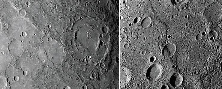 Участки поверхности Меркурия, на которых видны уступы. Эти «морщины» возникли от взаимного надвигания слоев коры планеты при остывании и сжатии ее недр