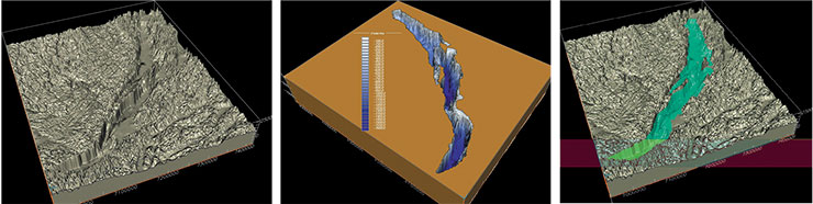 Слева – пространственные (3D) изображения озера без воды. Вид с юга. В центре – цветовое кодирование пространственных (3D) изображений батиметрии озера Байкал. Вид с юго-запада. Справа – пространственные (3D) изображения дна озера Байкал (эффект – прозрачная вода) и окружающей местности