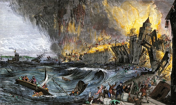 One of the late artistic depictions of the Lisbon earthquake of 1755. Public Domain