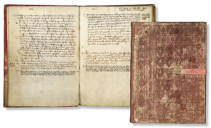 Memorialbuch (and one of its spreads) of the City Council of Lübeck (Liber Memorialis, 1318 – mid-16th century), containing 57 parchment sheets in the original restored binding