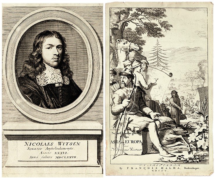 Слева – портрет Николааса Витсена (1641–1717) в третьем издании его книги «Северная и Восточная Тартария». Справа – Фронтиспис «Северной и Восточной Тартарии» (1785)