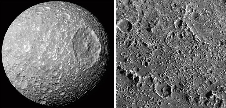 К настоящему времени такие ударные структуры, как метеоритные кратеры, были обнаружены на всех известных твердых телах Солнечной системы, и не только на планетах, но и на их спутниках. Слева – один из ближайших крупных спутников Сатурна – Мимас (208 ⨯ 197 ⨯ 191 км), поверхность которого испещрена метеоритными кратерами. Фото КА «Кассини-Гюйгенс» (ЕКА-НАСА), 2010 г. Кредит: NASA/JPL/Space Science Institute.Справа – метеоритные кратеры на поверхности Каллисто – второго по величине спутника Юпитера, открытого еще Галилеем. Фото КА «Галилео», 1998 г. Кредит: NASA/JPL-Caltech