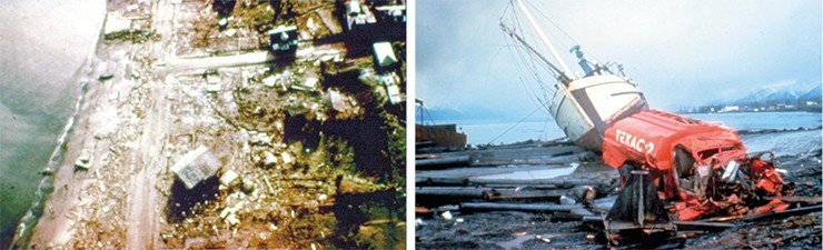 Слева: ущерб от цунами, вызванного землетрясением 1946 г. вблизи Алеутских о-вов (Аляска) и обрушившегося на Гавайи, составил 26 млн дол. В г. Хило все дома, обращенные к заливу, были смыты, железные дороги разрушены, а прибрежные дороги уничтожены. Фото из архива инженерных войск США. Справа: перевернутый цунами корабль на берегу зал. Воскресения лежит в 75 км от эпицентра землетрясения, породившего гигантские волны. Аляска, 1964. Фото из архива Министерства внутренних дел США