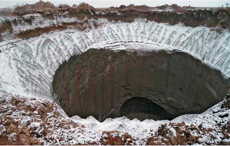 The Yamal crater is a gaping hole in the earth, surrounded by ice walls. Melt water dribbles down these walls. The WGS 84 coordinates of the crater are: northern edge, N69 58.280 E68 22.239; center, N69 58.268 E68 22.2