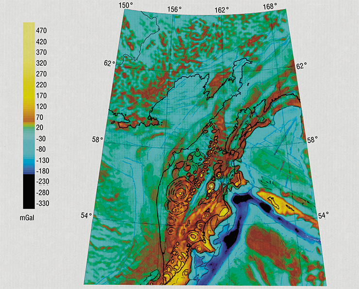This enlarged fragment of the Fay-reduction gravity anomaly map for Kamchatka and adjacent areas (generated using the satellite telemetry dataset) shows large oval structures known as calderas, i. e., remnants of massive explosive eruptions