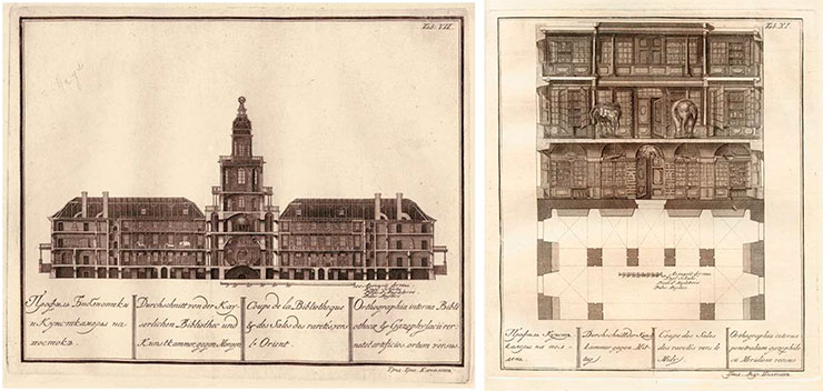 After his arrival in St. Petersburg, Gmelin spent more than three years compiling catalogs of minerals and ancient fossils at the Kunstkamera. Left: Facade of the Library and the Kunstkamera. Right: View of the Kunstkamera halls. Engravings by G. A. Kachalov and A. Polyakov from the book Chambers of St. Petersburg Imperial Academy of Sciences, the Library, and the Kunstkamera. St. Petersburg, 1744. Tab. XI. © Museum of Anthropology and Ethnography (Kunstkamera), Russian Academy of Science