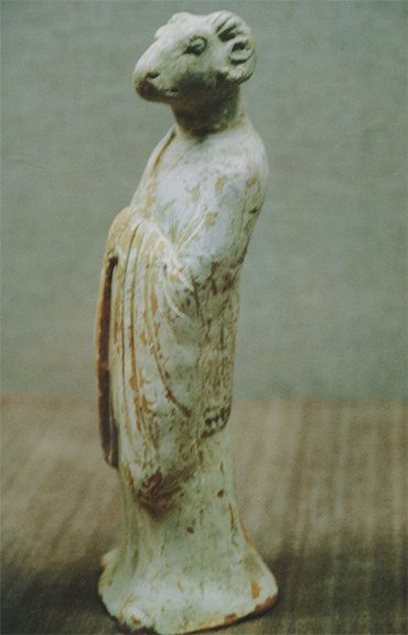 In ancient China, a ram was associated with Yang, as well as with the idea of external beauty and inner perfection (Kravtsova, 2004). Photo: The Tan burial sculpture depicting a creature with the head of a ram and the body of a man (618—906). Museum of the Institute of Archaeology, Chinese Academy of Social Sciences (Beijing). Photo courtesy of the author