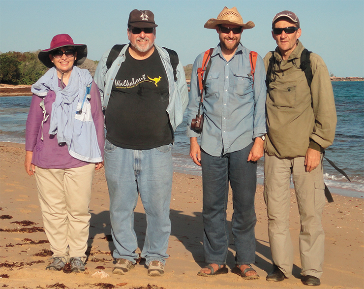 Chevron dunes on the east coast of the Groote Eylandt in the Gulf of Carpentaria (northern Australia) resemble closely the giant chevron dunes in the south of Madagascar. Photo: members of the 2012 expedition to Groote Eylandt. Left to right: D. Abbott, B. Masse, D. Masse, V. Gusiakov