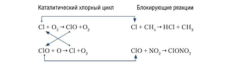Образующийся при фотолизе фреонов хлор разрушает стратосферный озон в каталитическом цикле, который блокируется реакциями с образованием инертных молекул-резервуаров