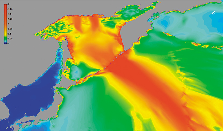 Современные методы численного моделирования цунами позволяют достаточно быстро выполнять сценарные расчеты цунами на реальных участках акватории океана. На этой серии рисунков показаны расчеты цунами от модельных очагов с магнитудами Mw = 7.8 (а), 8.4 (б) и 9.0 (в), расположенных в районе Средних Курил. Расчеты выполнены в ИВТ СО РАН с использованием программных комплексов MGC и STATIC. Видно, что проникновение волн цунами в Охотское море начинается уже при магнитуде 8.4, но по-настоящему опасными для Охотоморского побережья они становятся при магнитуде 9.0