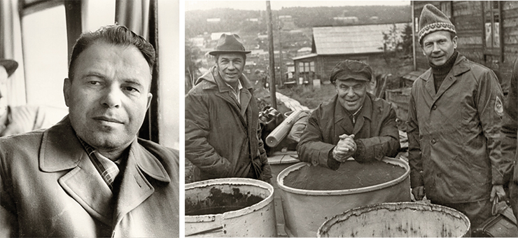 Trofimuk during his first orientation bus tour in Akademgorodok, back then under construction (left). 1958. In 1960, Academician Trofimuk predicted that the most ancient oil on our planet would be found in East Siberia. The discovery of the Yurubchen–Tokhom gas-and-oil reservoir in the Krasnoyarsk krai in 1970–1980s confirmed the scientist’s bold foresight – oil and gas in this zone was extracted from rocks a little older than one billion years. For the scientific substantiation and discovery of pre-Cambrian oil on the Siberian platform, Trofimuk and his colleagues were awarded a State Prize of the Russian Federation (1994). In the photo, Trofimuk at the Kuyumba oil field (Krasnoyarsk krai). To the left of Academician Trofimuk stands his student V. D. Nakoryakov, chief geologist of Krasnoyarskneftegazrazvedka. 1977