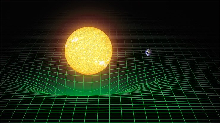Альберт Эйнштейн продемонстрировал в своей общей теории относительности, что гравитация массивных тел искривляет ткань пространства и времени, и что эти тела движутся по путям, определяемым этой геoметрией. На рисунке представлена модель того, как наше солнце и Земля искривляют пространство и время, или, одним словом, пространство-время. Image Credit: T. Pyle/Caltech/MIT/LIGO Lab